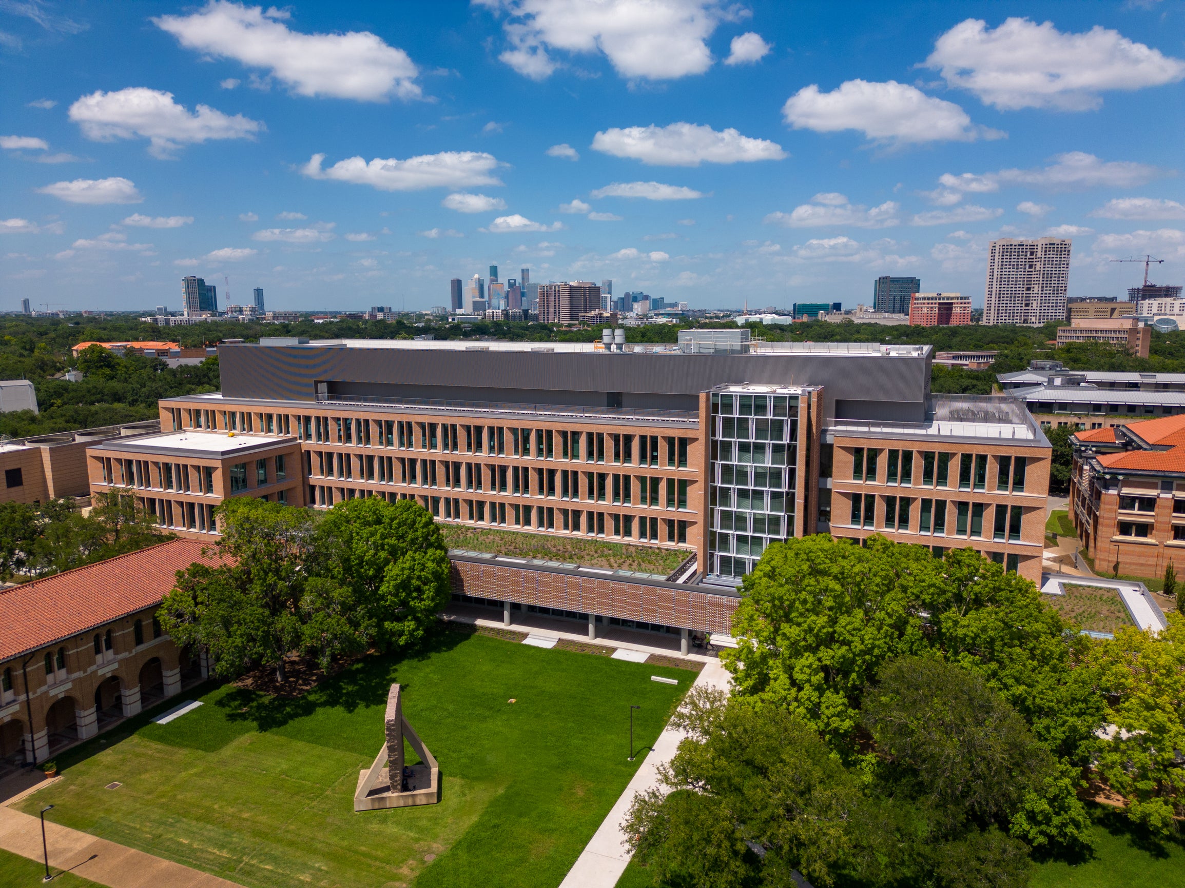 Aerial view of O'Connor Engineering Building, highlighting the building's green roof